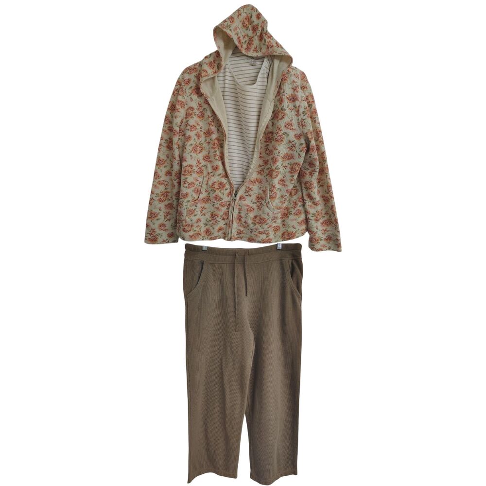 White Stag Women's Large 3-Piece Loungewear Set Floral Hoodie Tee & Ribbed Pants